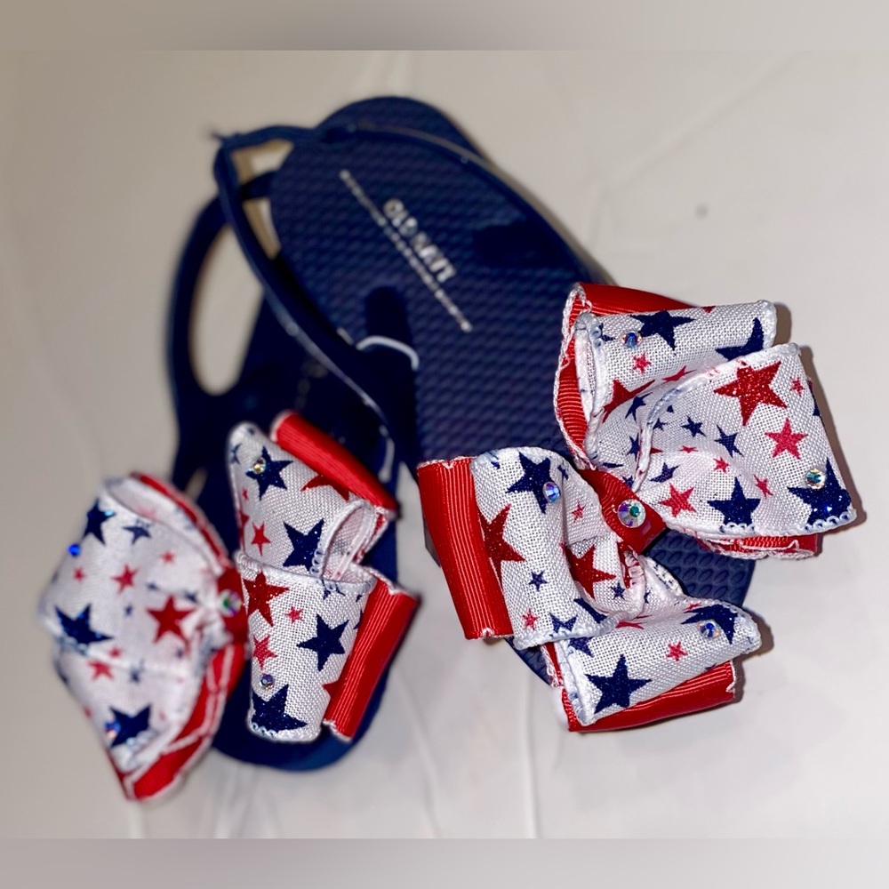 Navy blue flip flops with handmade patriotic bows